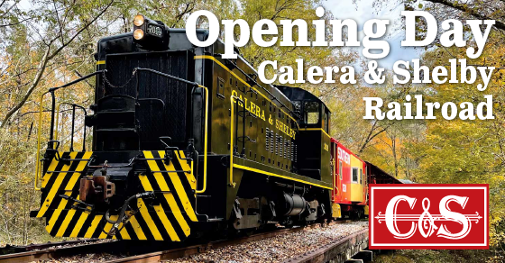 Locomotive with words Opening Day Calera & Shelby