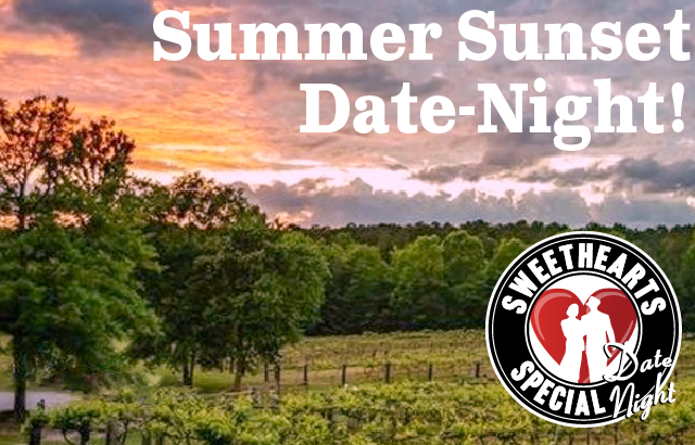 Sunset over vineyard with event name and logo.