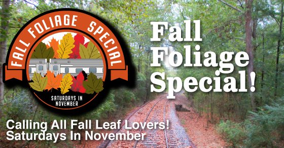 Fall Foliage Special logo over RR tracks with Fall