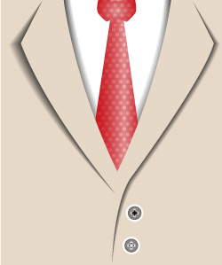 Graphic of a suit jacket, white shirt and red tie.