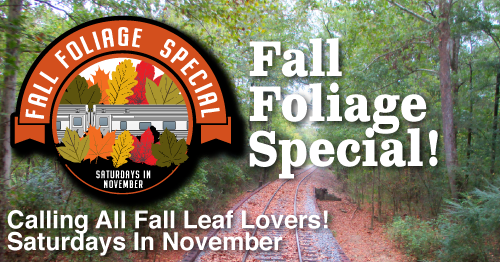 Fall Foliage Special logo over RR tracks with Fall