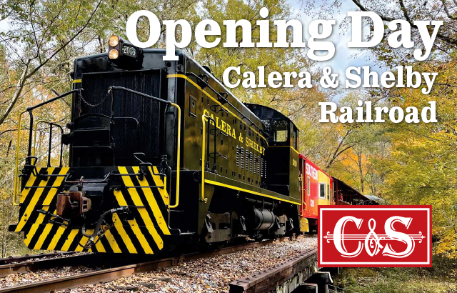 Locomotive with words Opening Day Calera & Shelby